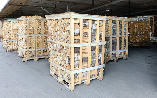 Große Kiste mit 25 cm dicken, ofengetrockneten Birkenstämmen auf einer Palette mit 1,6 Kubikmetern